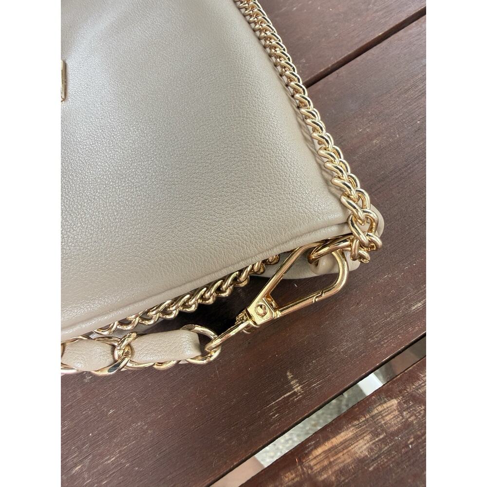 Beige Crossbody Shoulder Bag Gold Chain Strap Flap Clasp Faux Leather - Picture 7 of 13